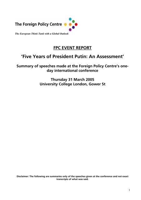 'Five Years of President Putin: An Assessment' - Foreign Policy Centre