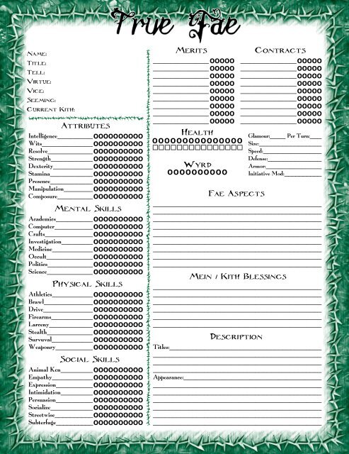 Changeling the Lost True Fae 2-Page Interactive Sheet