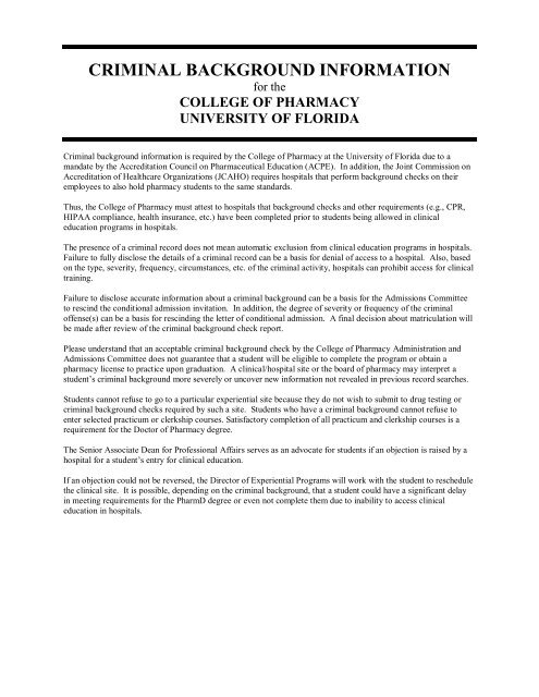 Criminal Background  - College of Pharmacy ...
