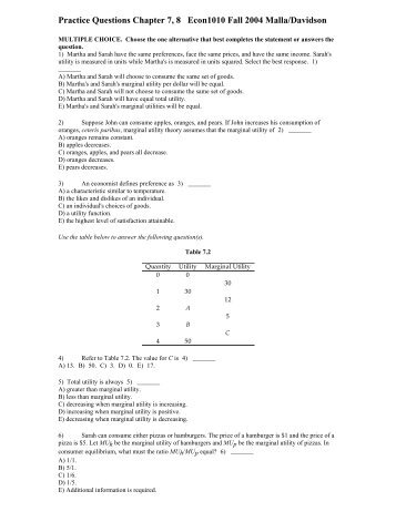 Practice Questions Chapter 7, 8 Econ1010 Fall 2004 Malla/Davidson
