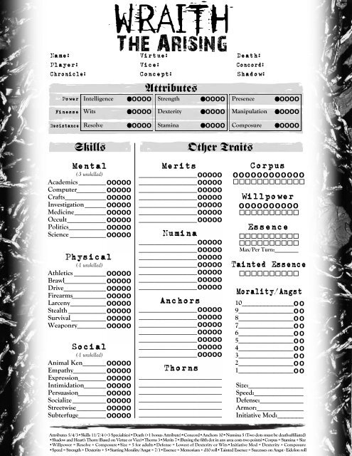 Wraith: The Arising 4-Page Interactive Sheet
