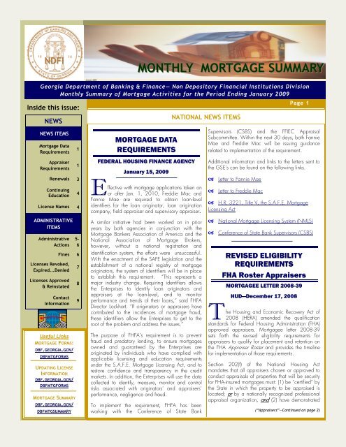 monthly mortgage summary - Department of Banking and Finance