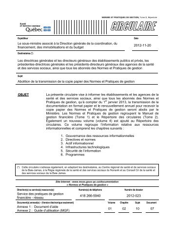 Service des pratiques de gestion financière - réseau Annexe 1 ...