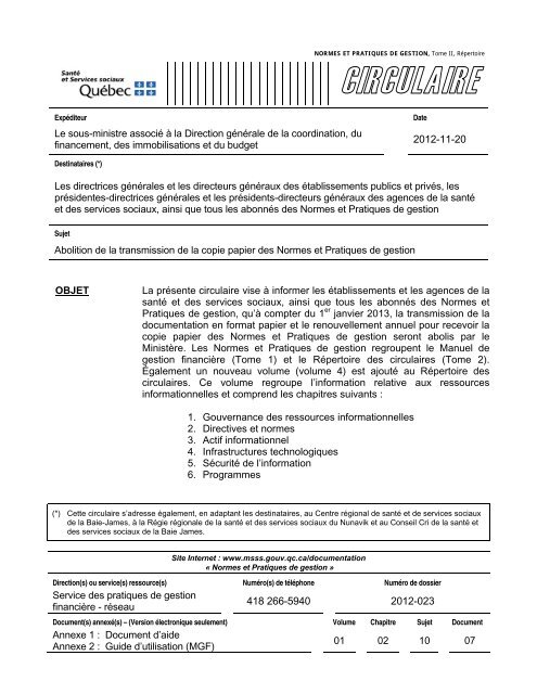 Service des pratiques de gestion financière - réseau Annexe 1 ...