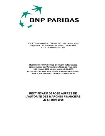 Rectificatif document de référence - 13 juin 2006 - BNP Paribas