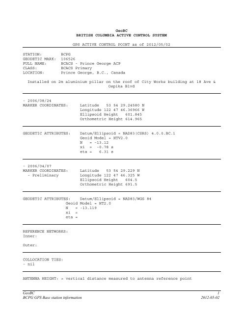 GeoBC 1 BCPG GPS Base station information 2012-05-02 GeoBC ...