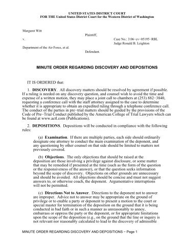 Minute Order Regarding Discovery and Depositions - The DADT ...
