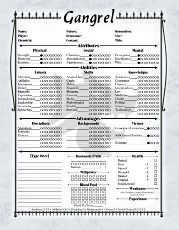 Gangrel 2-Page Elder Sheet - MrGone's Character Sheets