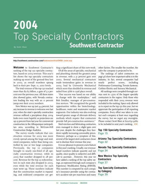 Top Specialty Contractors Enr Southwest Mcgraw Hill