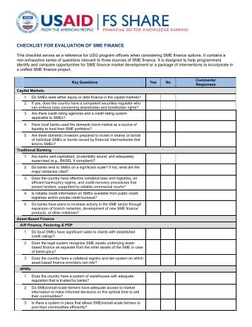 CHECKLIST FOR EVALUATION OF SME FINANCE - USAid