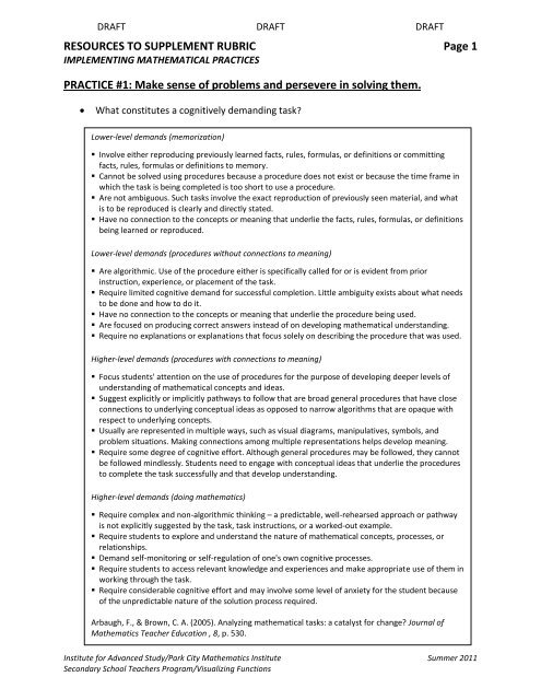 Resources to supplement this rubric - Institute for Mathematics ...