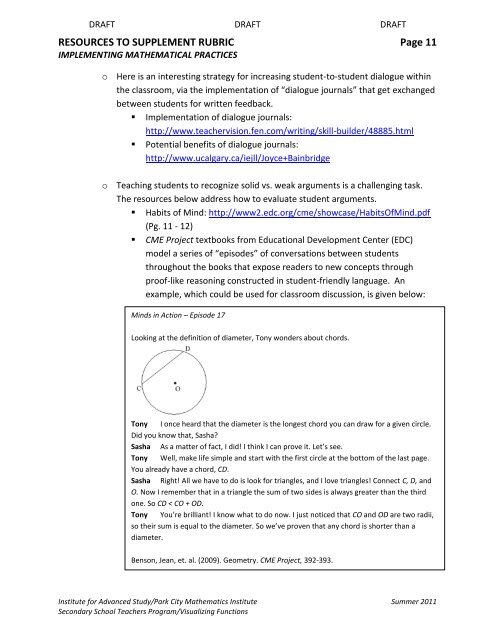 Resources to supplement this rubric - Institute for Mathematics ...