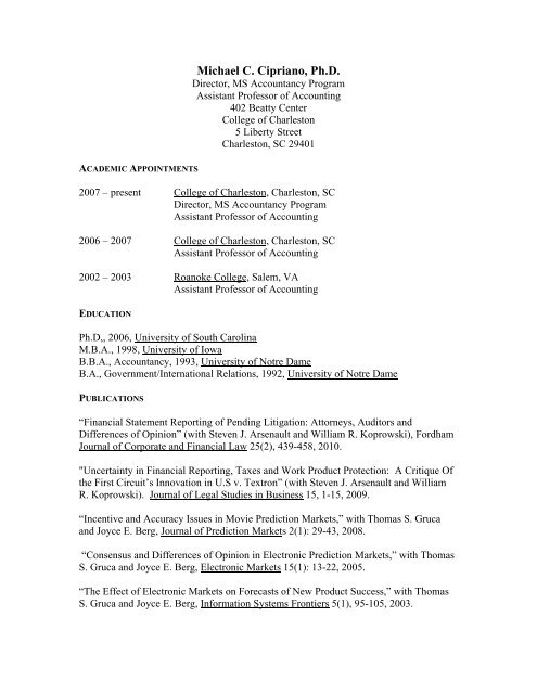 Michael C. Cipriano, Ph.D. - School of Business - College of ...