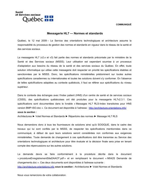 Messagerie HL7 — Normes et standards - Source