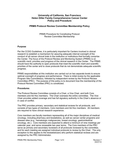 Protocol Review Committee Membership Policy - UCSF Helen Diller ...