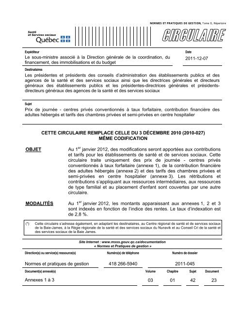 CETTE CIRCULAIRE REMPLACE CELLE DU 3 DÉCEMBRE 2010 ...