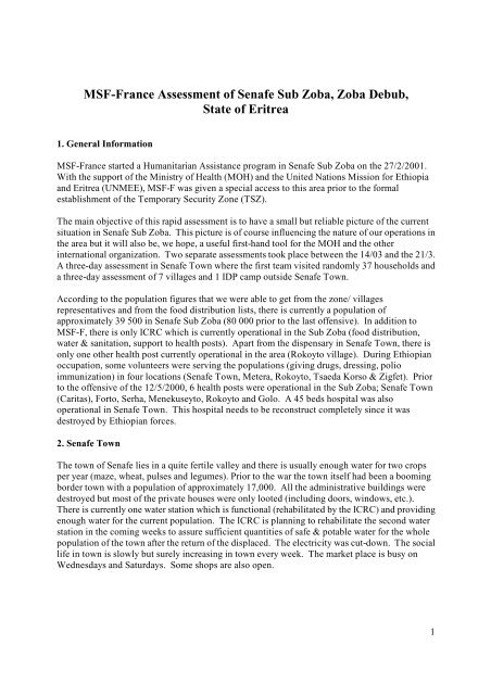 MSF-France Assessment of Senafe Sub Zoba, Zoba Debub, State of ...