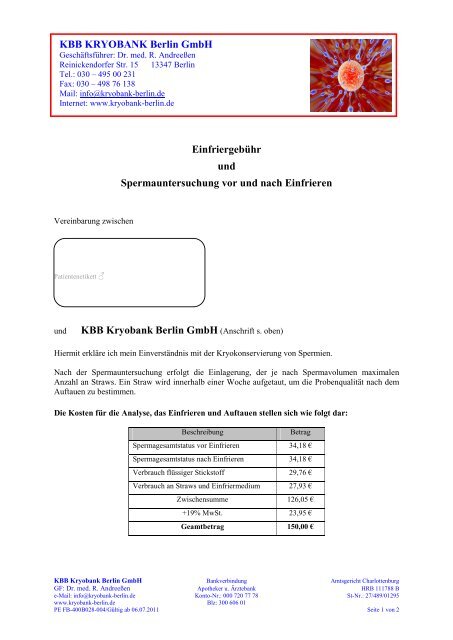 Einfriergebühr Kryo-Ejakulat - KRYOBANK Berlin Gmbh