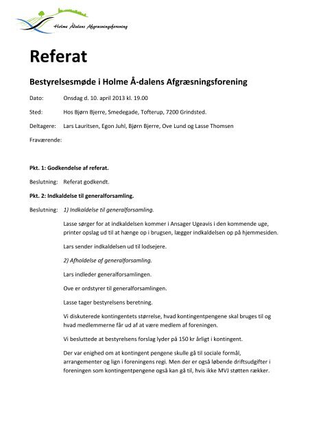 Referat fra bestyrelsesmøde d. 10. april 2013