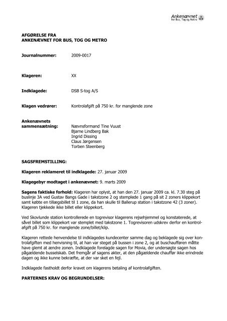 Afgørelse 2009-0017, 3. juni 2009 - Ankenævnet for Bus, Tog og Metro