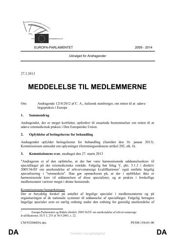 DA DA MEDDELELSE TIL MEDLEMMERNE - Europa