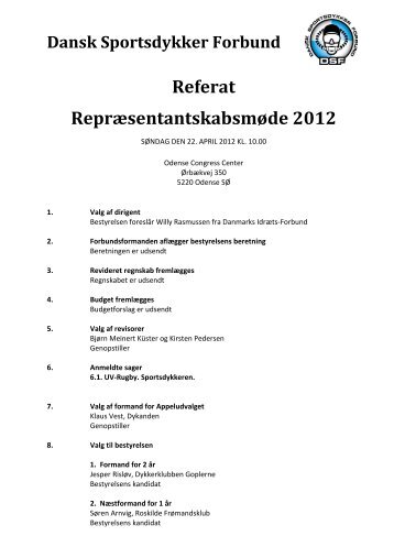 Referat Repræsentantskabsmøde 2012 - Dansk Sportsdykker Forbund