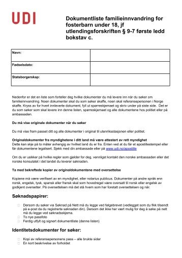 Dokumentliste familieinnvandring for fosterbarn under 18, jf ... - UDI