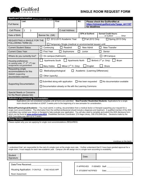 Ada Single Room Request Form Guilford College