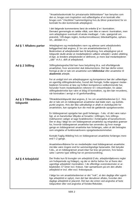 Vejledning til ansættelseskontrakt for privatansatte bibliotekarer