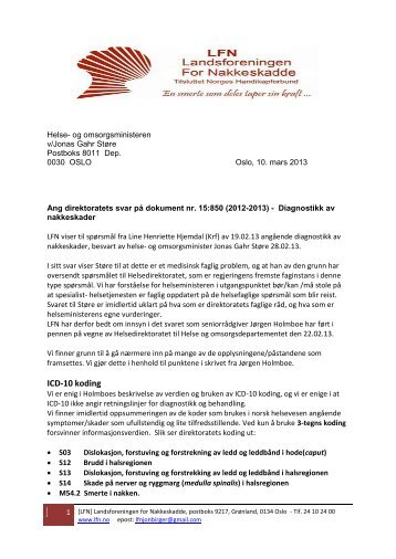 10. mars – Brev til helseministeren vedr. dokument 15.-850 - LFN
