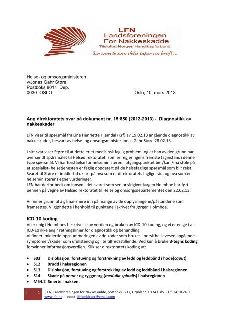 10. mars – Brev til helseministeren vedr. dokument 15.-850 - LFN