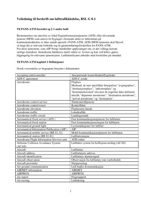 Veiledning til forskrift om lufttrafikkledelse, BSL G 8-1 - Luftfartstilsynet
