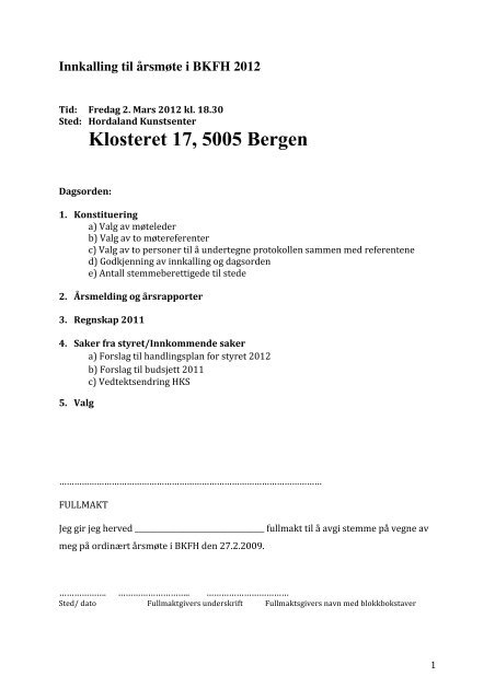 Innkalling Årsmøte 2. mars 2012 - BKFH