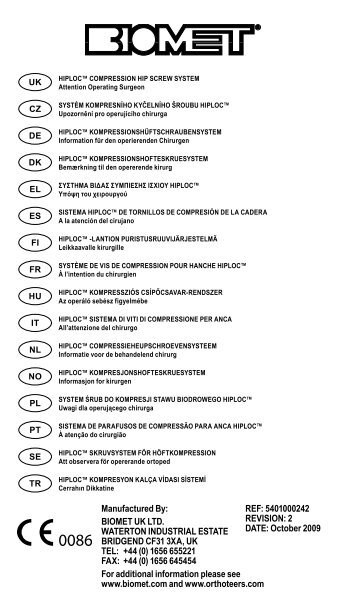 REF: 5401000242 REVISION: 2 DATE: October 2009 ... - Biomet
