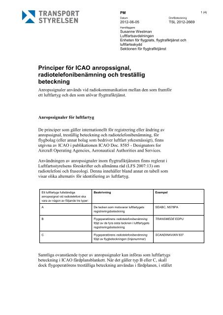 Principer för ICAO anropssignal - Transportstyrelsen