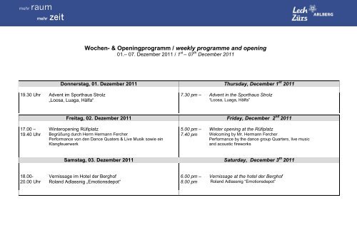 Wochen- & Openingprogramm / weekly programme and opening