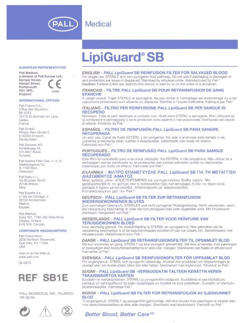Page 1 Page 2 Medical PALL LipiGuard SB REINFUSION FILTER ...