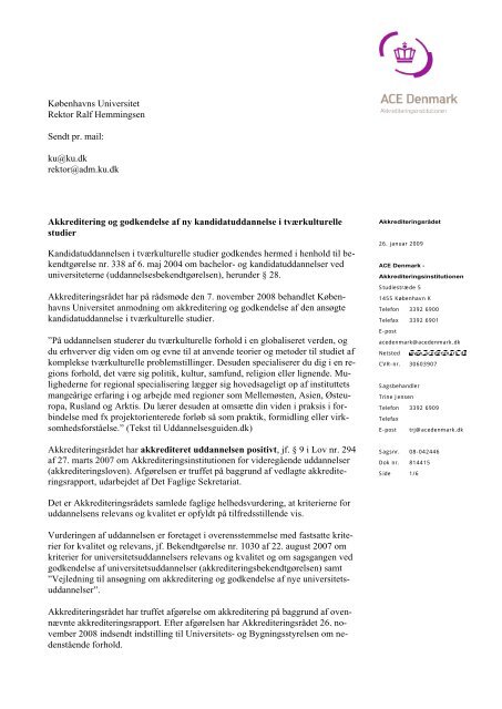 Københavns Universitet Rektor Ralf Hemmingsen Sendt pr. mail: ku ...