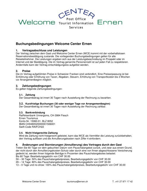 Buchungsbedingungen Welcome Center Ernen