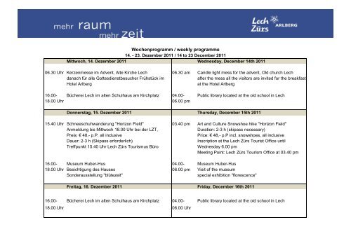 Wochenprogramm / weekly programme - Lech-Zürs