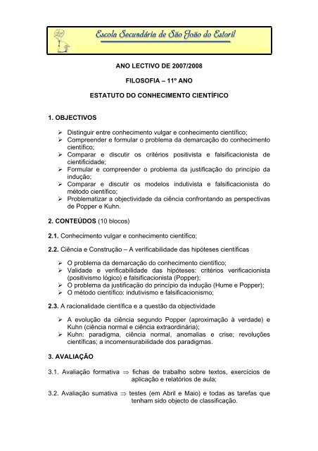 ANO LECTIVO DE 2007/2008 FILOSOFIA – 11º ANO ESTATUTO ...