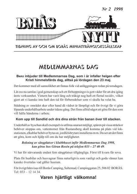 BMÅS-NYTT Nr 2 År 1998 - Borås Miniatyrånglokssällskap