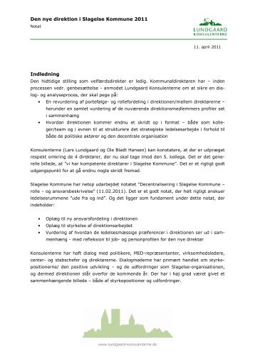 Den nye direktion i Slagelse Kommune 2011 Indledning