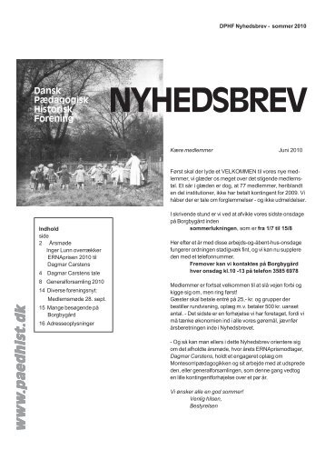 Nyhedsbrev sommer 2010 - Dansk Pædagogisk-Historisk Forening