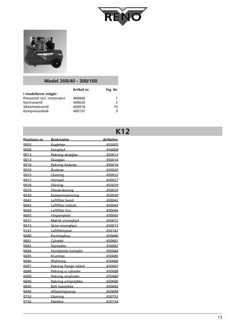 K12 Blok - splittegning og reservedelsliste - RENO-FF A/S