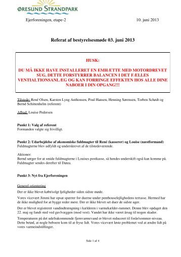 referatet som PDF-fil. - Ejerforeningen Øresund Strandpark, Etape II