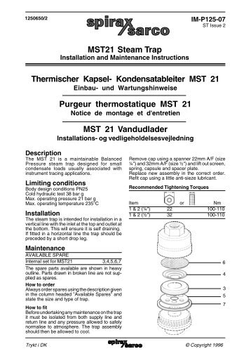 MST21 Steam Trap Thermischer Kapsel ... - Spirax Sarco