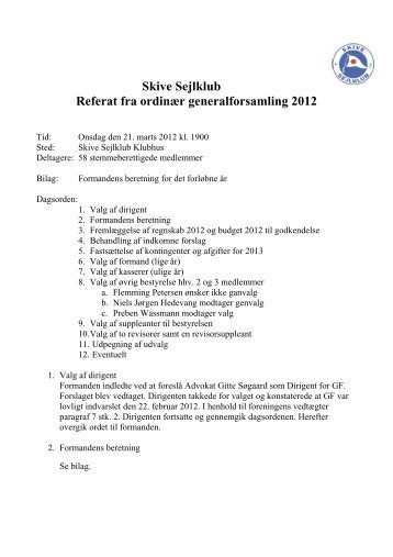 Skive Sejlklub Referat fra ordinær generalforsamling 2012