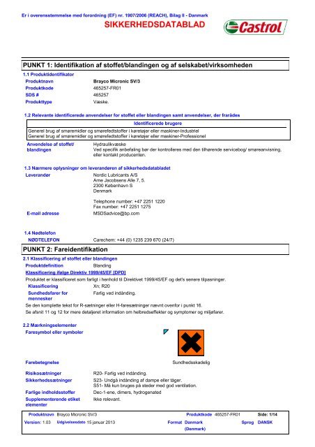 SIKKERHEDSDATABLAD - Castrol - PDS & MSDS Search