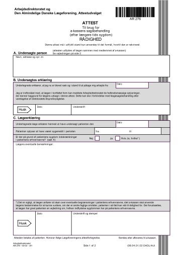 Arbejdsdirektoratet - Blanket AR 276 - Attest til brug for a-kassens ...